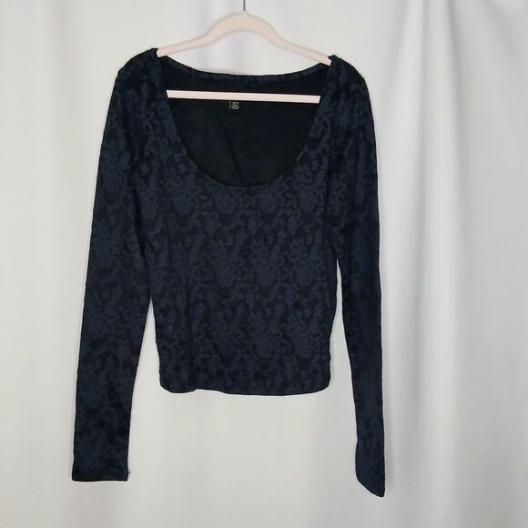 American Eagle Floral Jacuard Blouse Long Slve Crop Top Fitted Blue Lace sz: XS - Picture 2 of 6